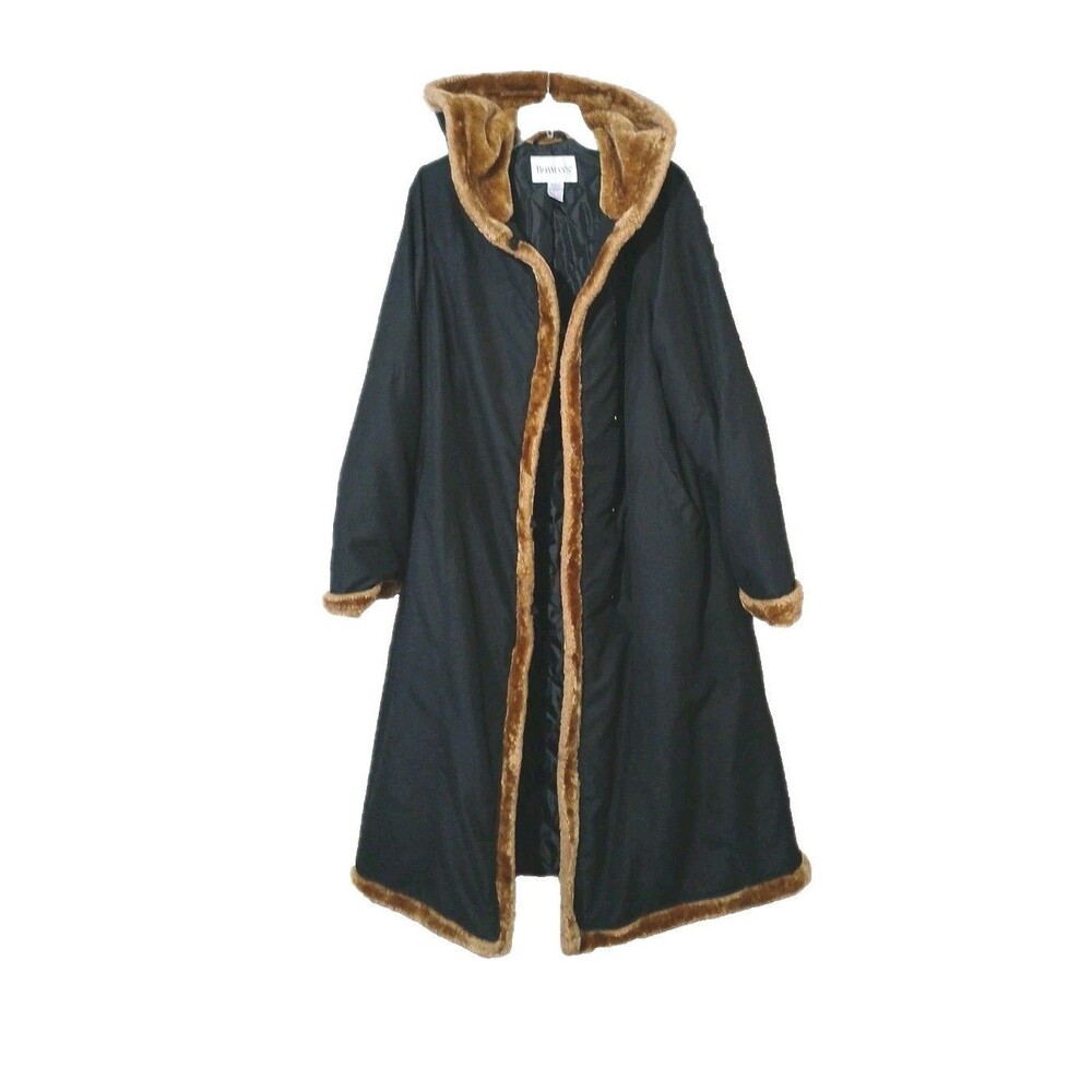 Roamans Elegant Black Coat Brown Faux Fur Hooded Coat Size Medium